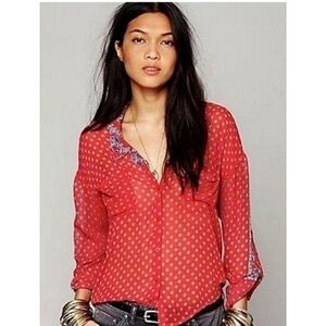 EUC Free People Red Easy Rider Sheer Button Down Top Small Western Festival